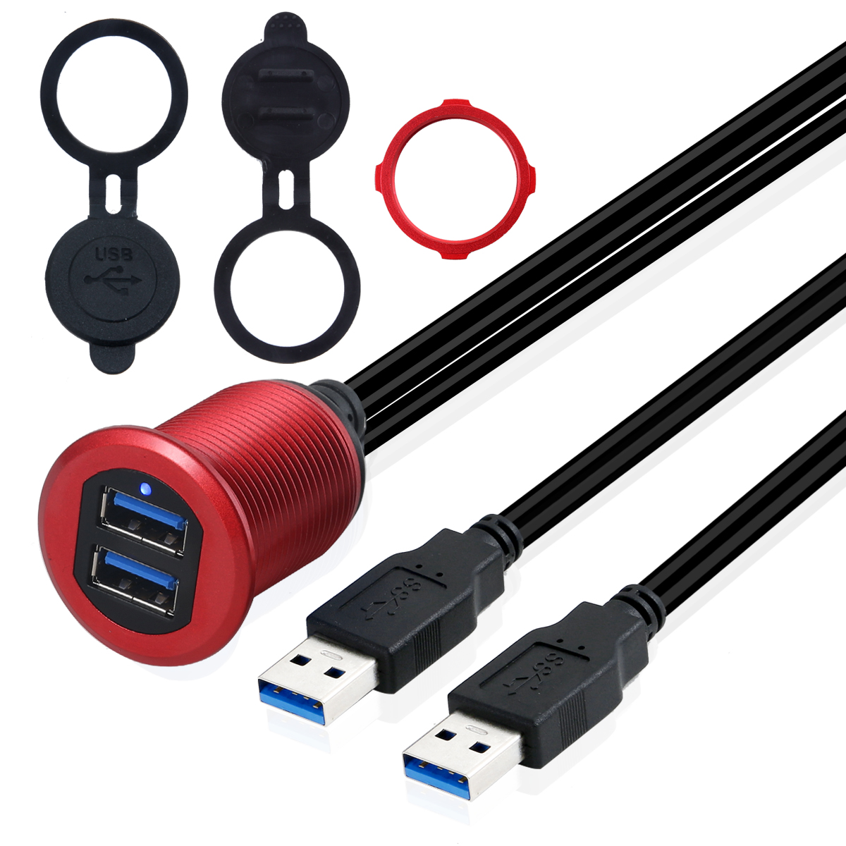 Dual usb 3.0 A male to female extension usb panel mount cable with led light